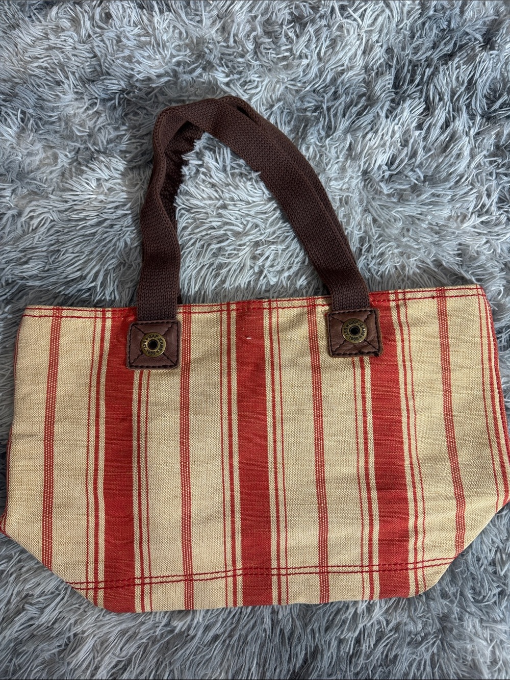 Striped Red and Cream Canvas Tote with Brown Handles